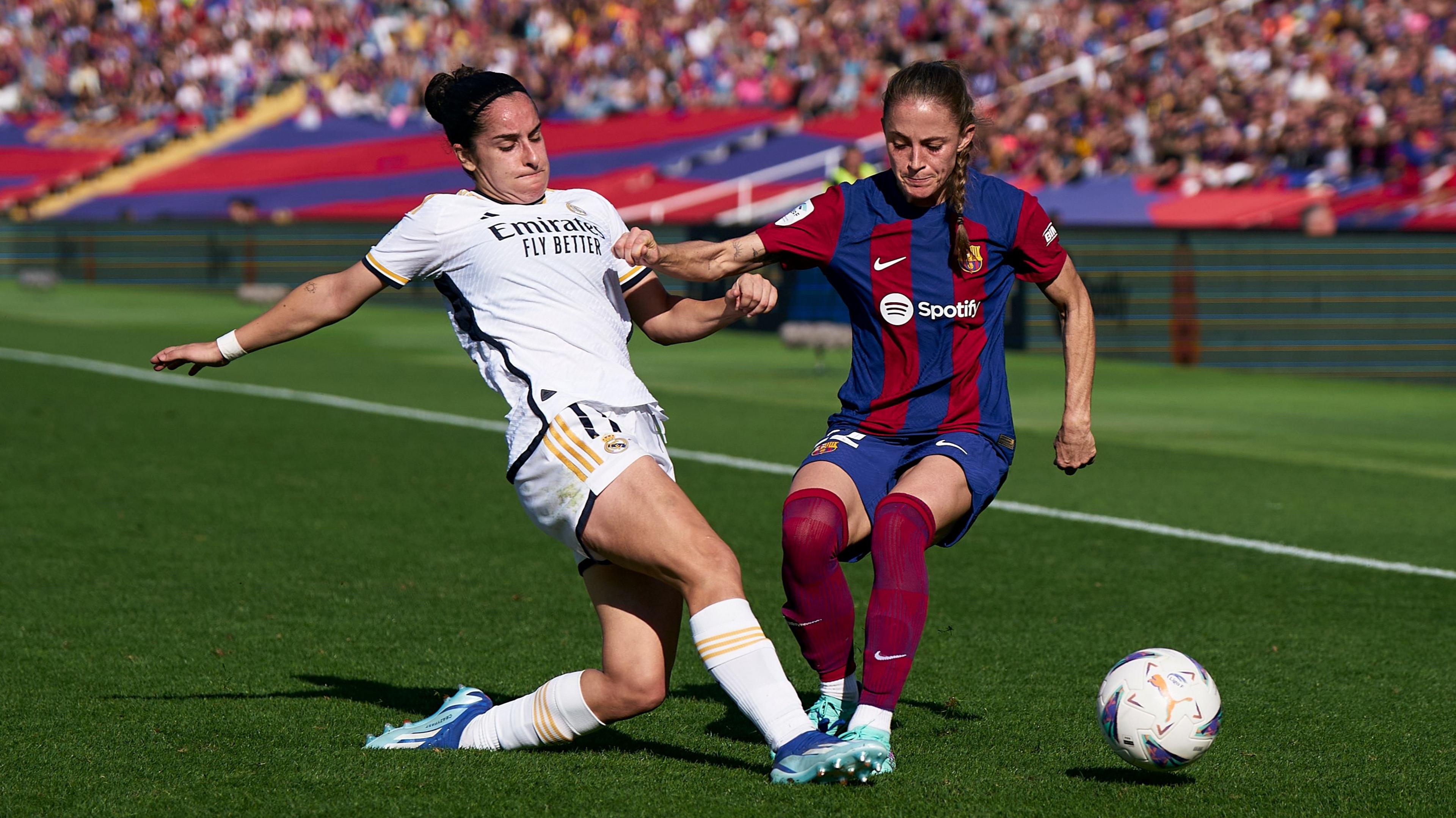 Key moment from a Liga F match between Real Madrid and Barcelona, showing the visibility of women’s football